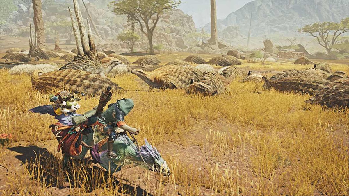A hunter riding a Seikret across grassland in Monster Hunter Wilds