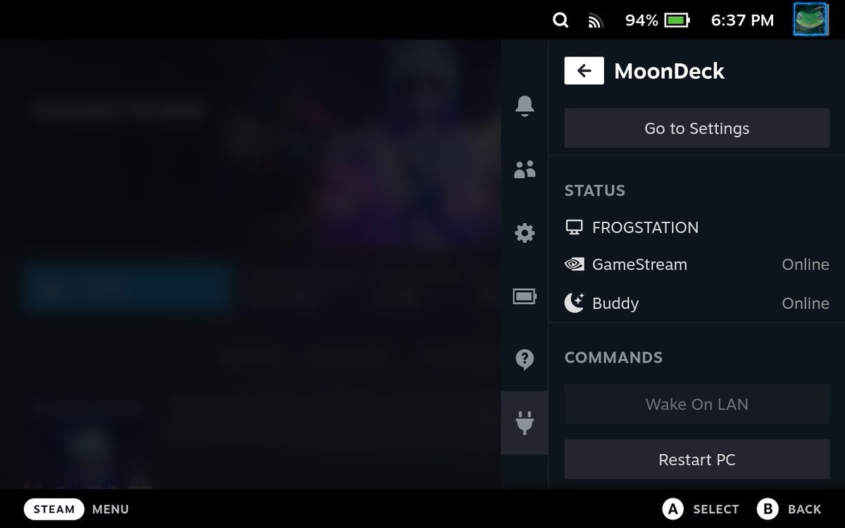 MoonDeck plugin panel in the Steam Deck Quick Access Menu showing host PC status and commands