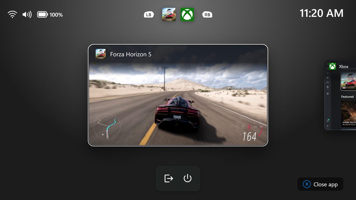 Gaming Task View in Xbox mode showing Forza Horizon 5 with Exit to Desktop and Power buttons below it