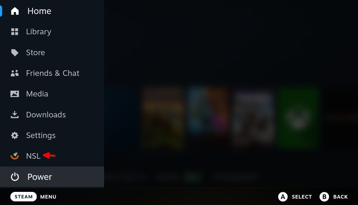 Steam's Game Mode menu with an NSL entry marked by a red arrow above Power