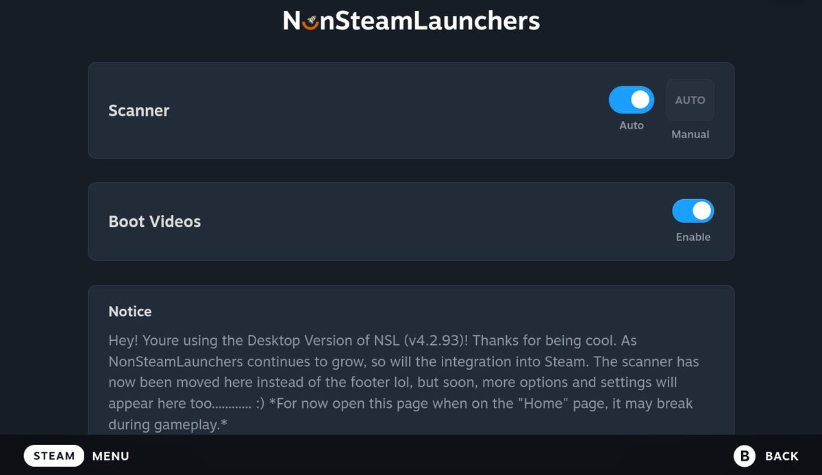 NonSteamLaunchers settings page with Scanner and Boot Videos toggles and a notice from the developer