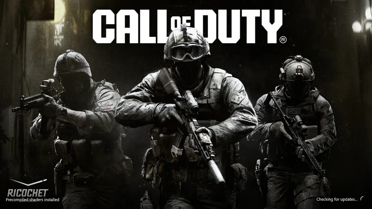 Call of Duty launch screen showing three soldiers and the text Precompiled shaders installed in the bottom-left corner
