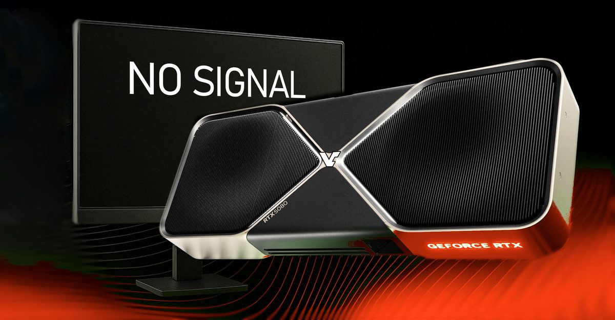GeForce RTX graphics card next to a monitor showing No Signal