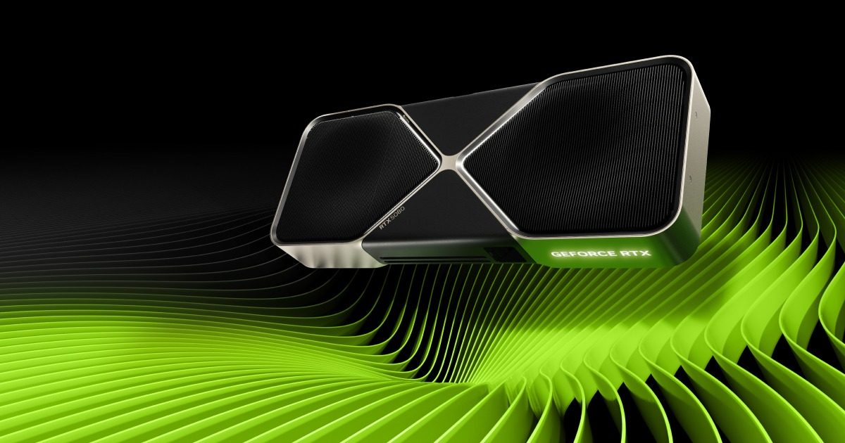 NVIDIA GeForce RTX 5080 Founders Edition graphics card on a green and black background