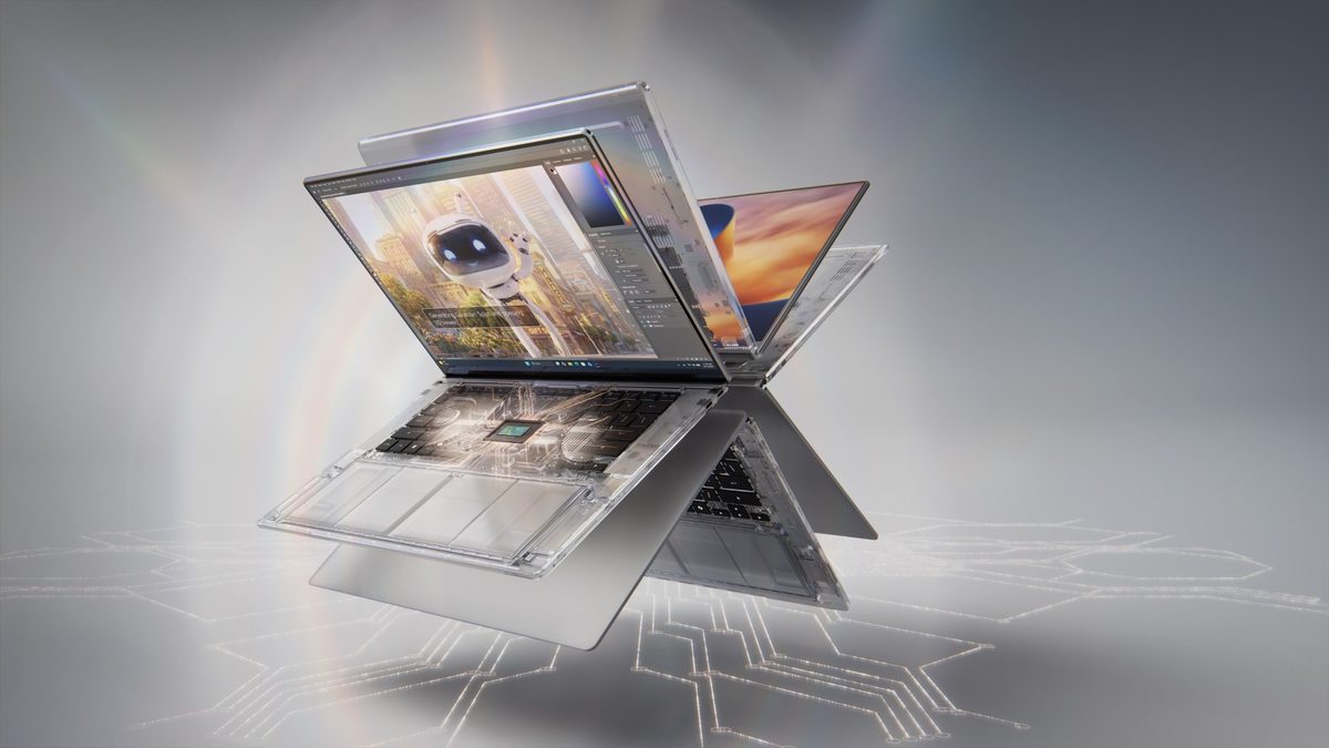 NVIDIA's RTX Spark launch image showing slim laptops with a see-through view of the chip inside
