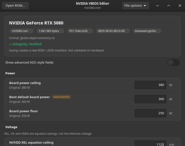 NVIDIA VBIOS Editor with an RTX 5080 VBIOS loaded, showing board power ceiling and voltage fields