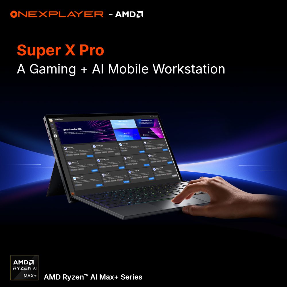 OneXPlayer Super X Pro promo image showing the tablet on its kickstand with the keyboard attached