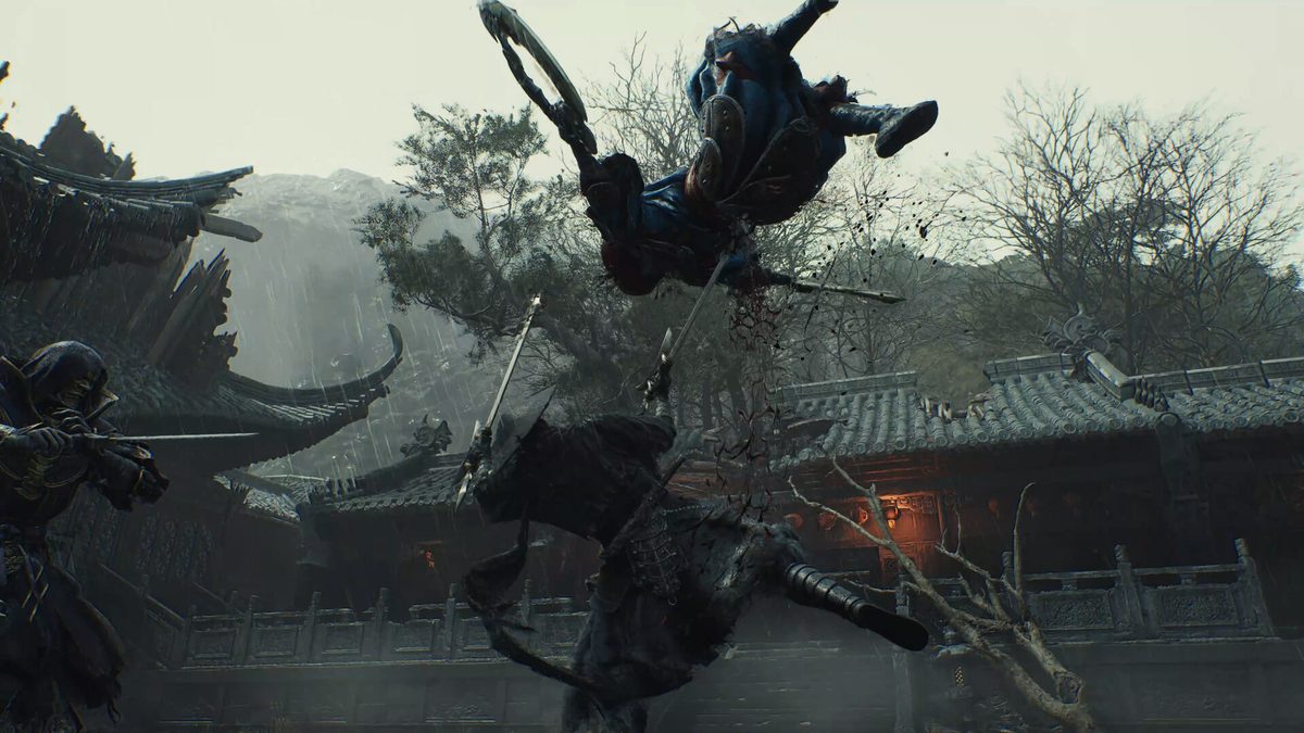 Phantom Blade Zero screenshot of a leaping swordsman fighting enemies in a temple courtyard