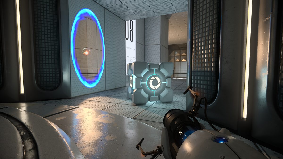 Portal with RTX screenshot showing a portal, a Weighted Companion Cube and the portal gun