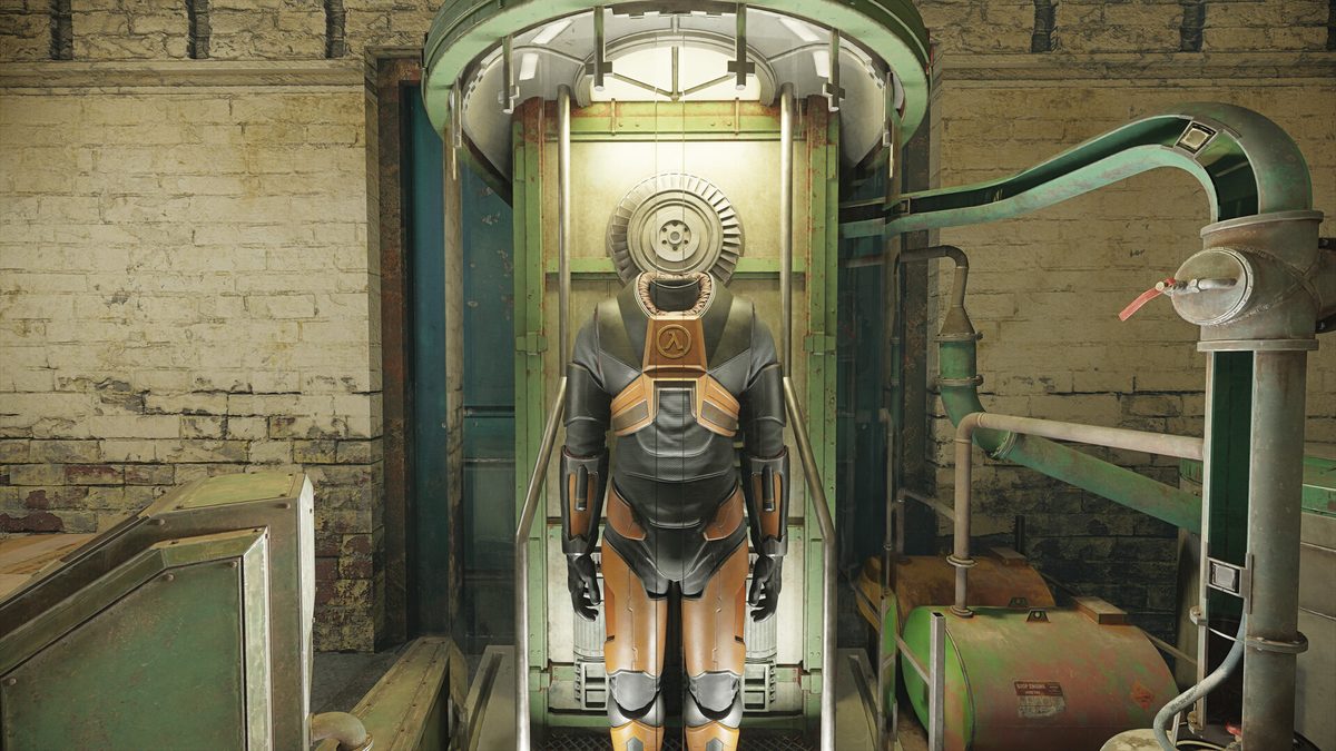 Half-Life 2 RTX screenshot of the HEV suit in its charging station