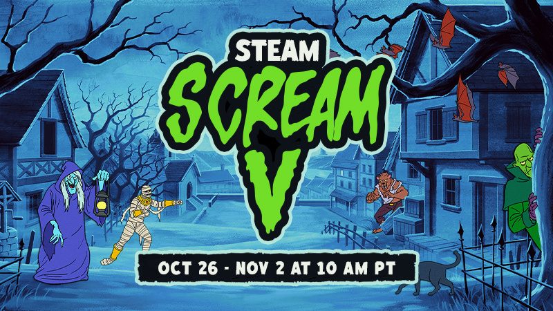 Steam Scream V key art with cartoon monsters and the dates Oct 26 to Nov 2 at 10 AM PT