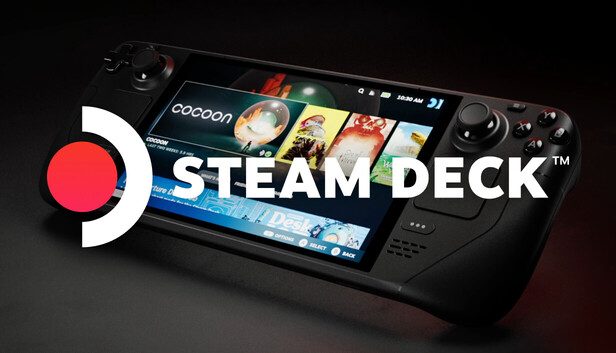 Steam Deck handheld with the Steam Deck logo