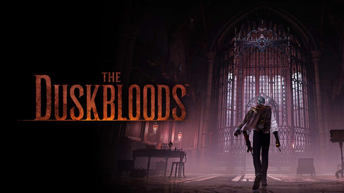 The Duskbloods logo beside a lone figure standing in a gothic cathedral hall