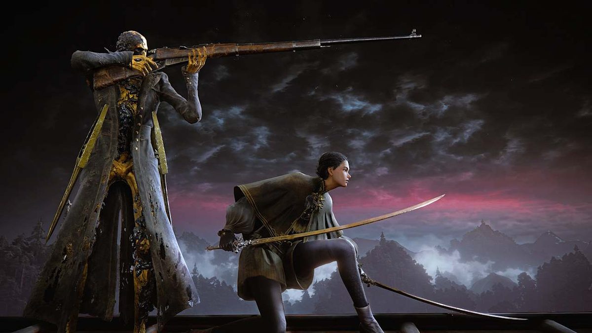 Two characters in long coats, one aiming a rifle and one holding a sword