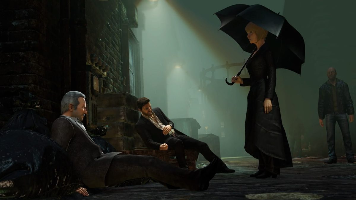 Uncharted: The Nathan Drake Collection screenshot of characters in a dim, rainy alley