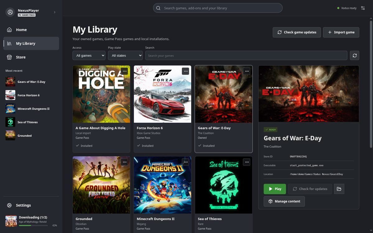 Xodus Nexus My Library screen with Game Pass and owned games