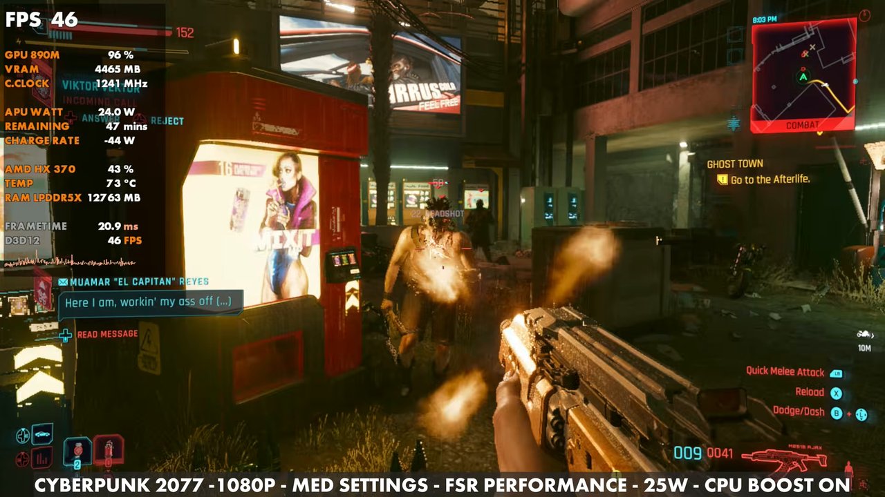 Cyberpunk 2077 combat on the OneXFly F1 Pro at 46 FPS, 1080p medium, FSR Performance, 25W, CPU boost on