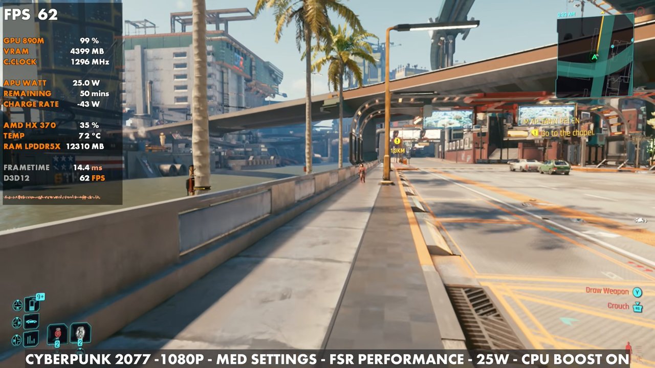 Cyberpunk 2077 on the OneXFly F1 Pro at 62 FPS, 1080p medium, FSR Performance, 25W, CPU boost on