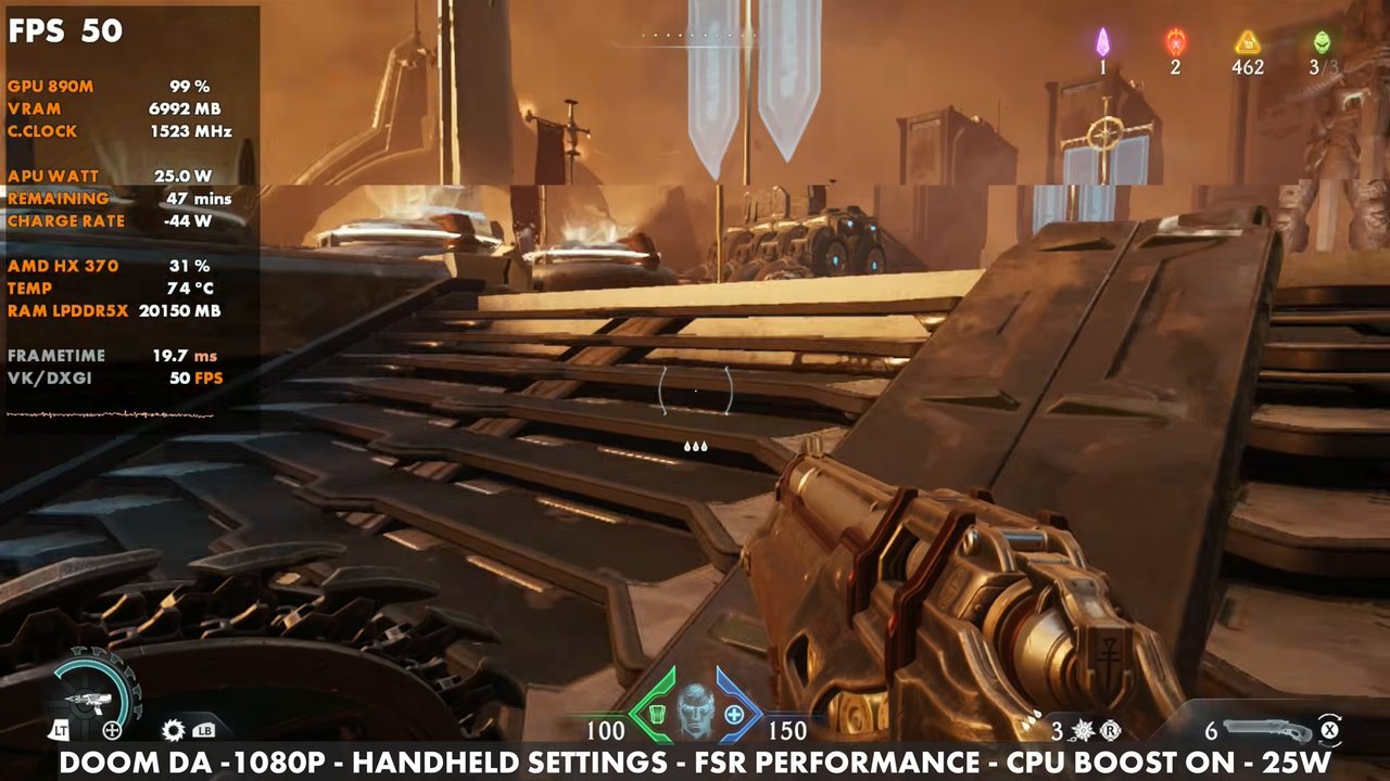 Doom: The Dark Ages on the OneXFly F1 Pro at 50 FPS, 1080p handheld settings, FSR Performance, CPU boost on, 25W