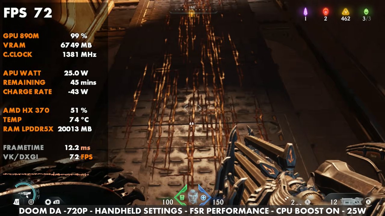 Doom: The Dark Ages on the OneXFly F1 Pro at 72 FPS, 720p handheld settings, FSR Performance, CPU boost on, 25W