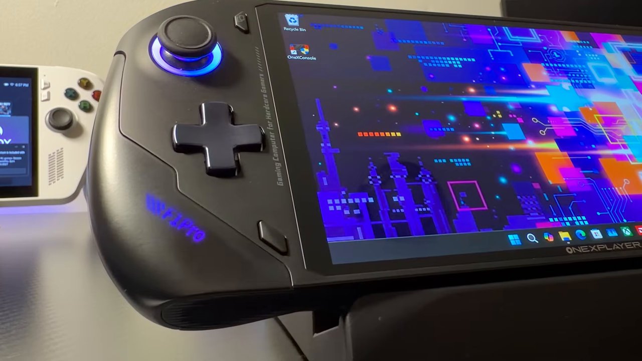 Close-up of the OneXFly F1 Pro D-pad and RGB-lit Hall effect joystick
