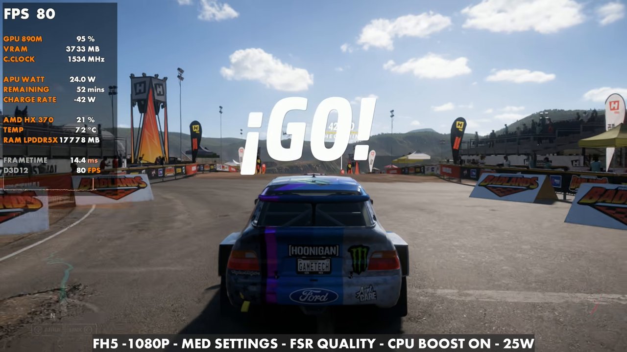 Forza Horizon 5 on the OneXFly F1 Pro at 80 FPS, 1080p medium, FSR Quality, CPU boost on, 25W