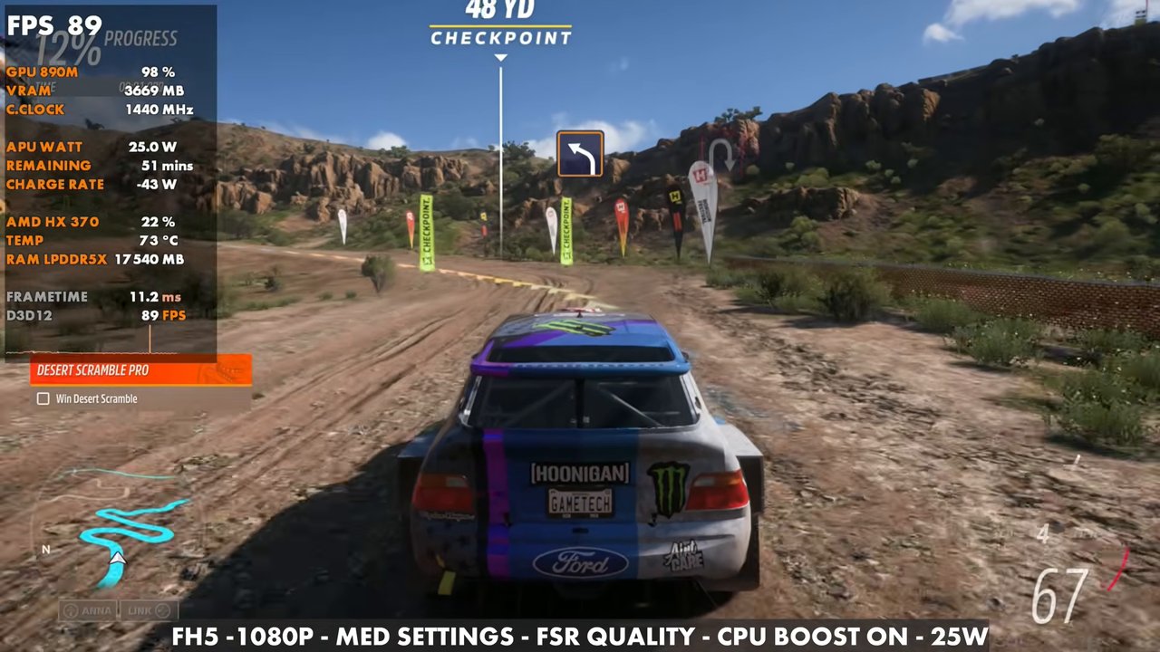 Forza Horizon 5 dirt race on the OneXFly F1 Pro at 89 FPS, 1080p medium, FSR Quality, CPU boost on, 25W