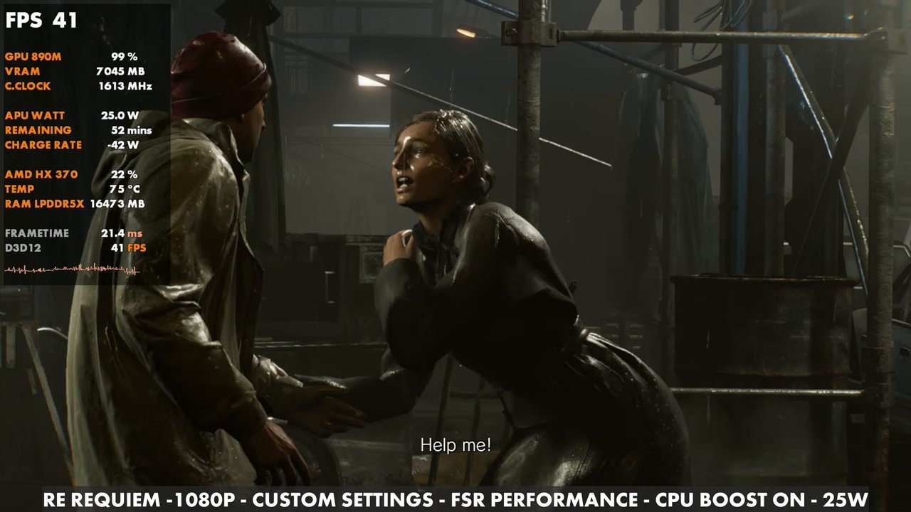 Resident Evil Requiem on the OneXFly F1 Pro at 41 FPS, 1080p custom settings, FSR Performance, CPU boost on, 25W