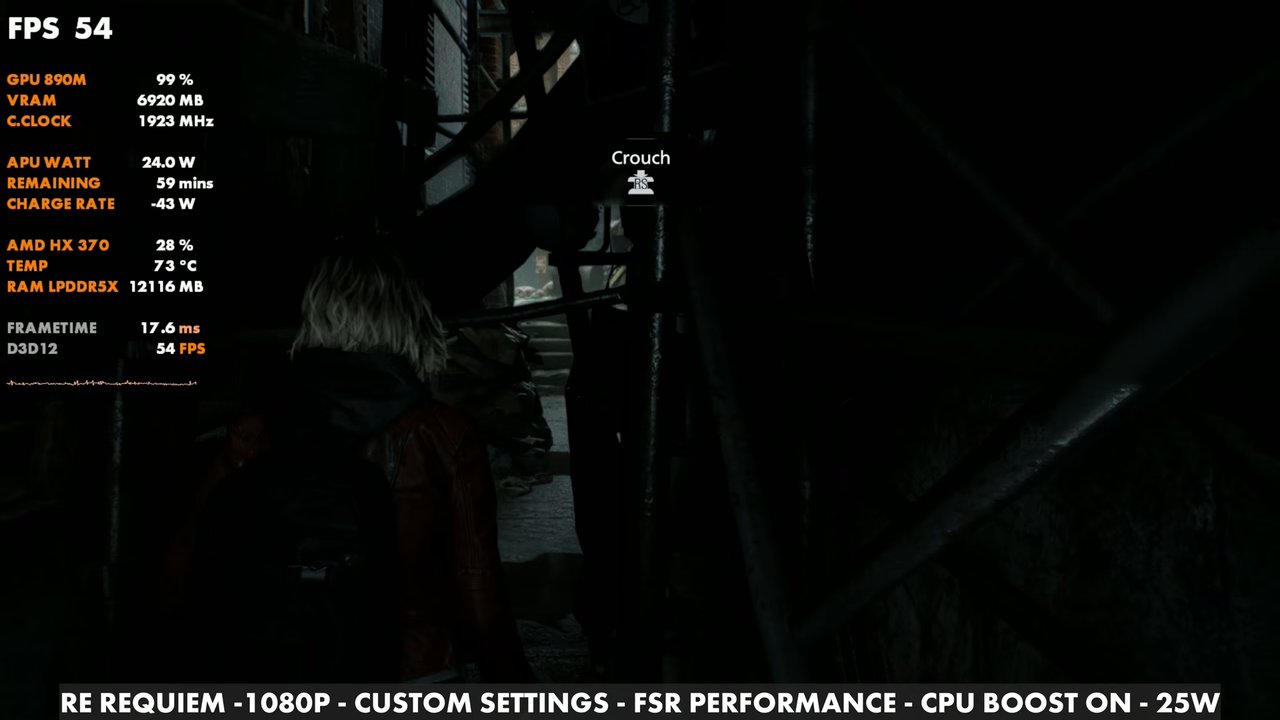 Resident Evil Requiem on the OneXFly F1 Pro at 54 FPS, 1080p custom settings, FSR Performance, CPU boost on, 25W