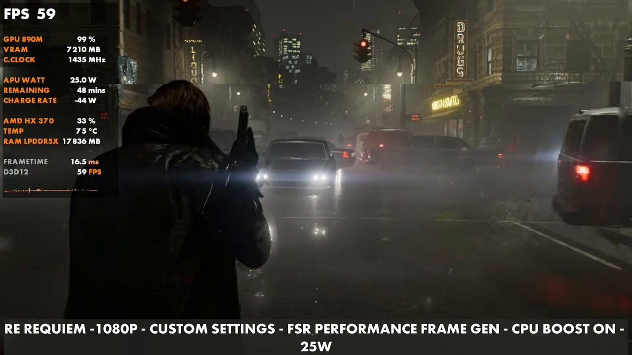 Resident Evil Requiem city street on the OneXFly F1 Pro at 59 FPS, 1080p FSR Performance with frame gen, CPU boost on, 25W