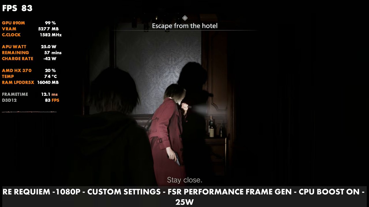 Resident Evil Requiem on the OneXFly F1 Pro at 83 FPS, 1080p custom settings, FSR Performance with frame gen, CPU boost on, 25W