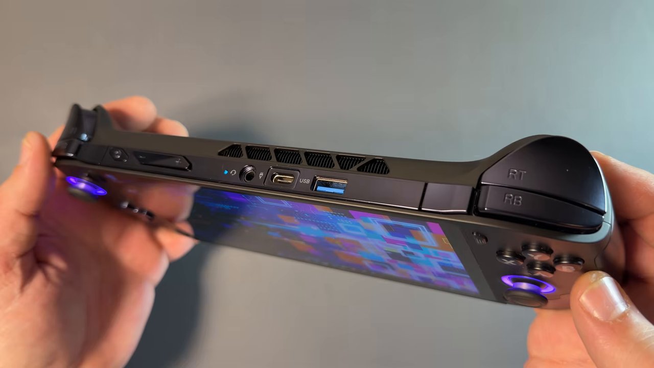 Top edge of the OneXFly F1 Pro showing its ports