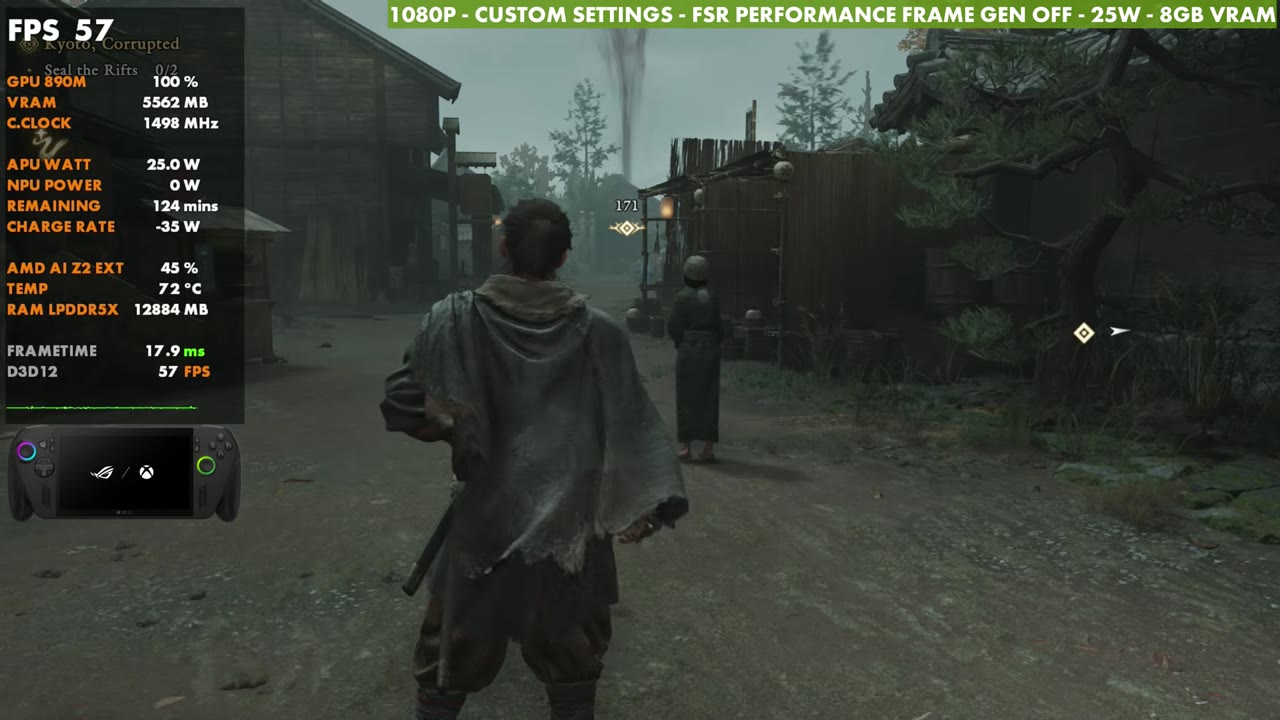 Onimusha: Way of the Sword on ROG Xbox Ally X at 57 FPS with custom settings, 1080p FSR Performance, 25W, frame gen off