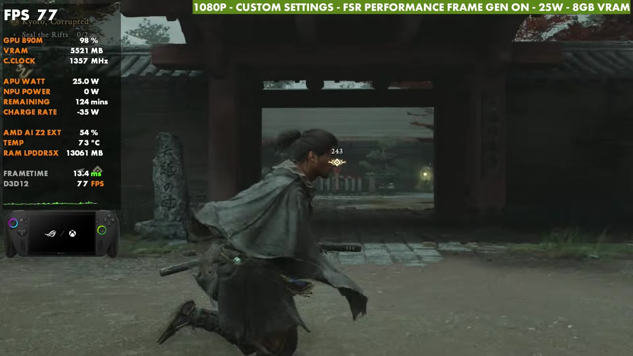 Onimusha: Way of the Sword on ROG Xbox Ally X at 77 FPS with custom settings and frame gen on, 1080p FSR Performance, 25W