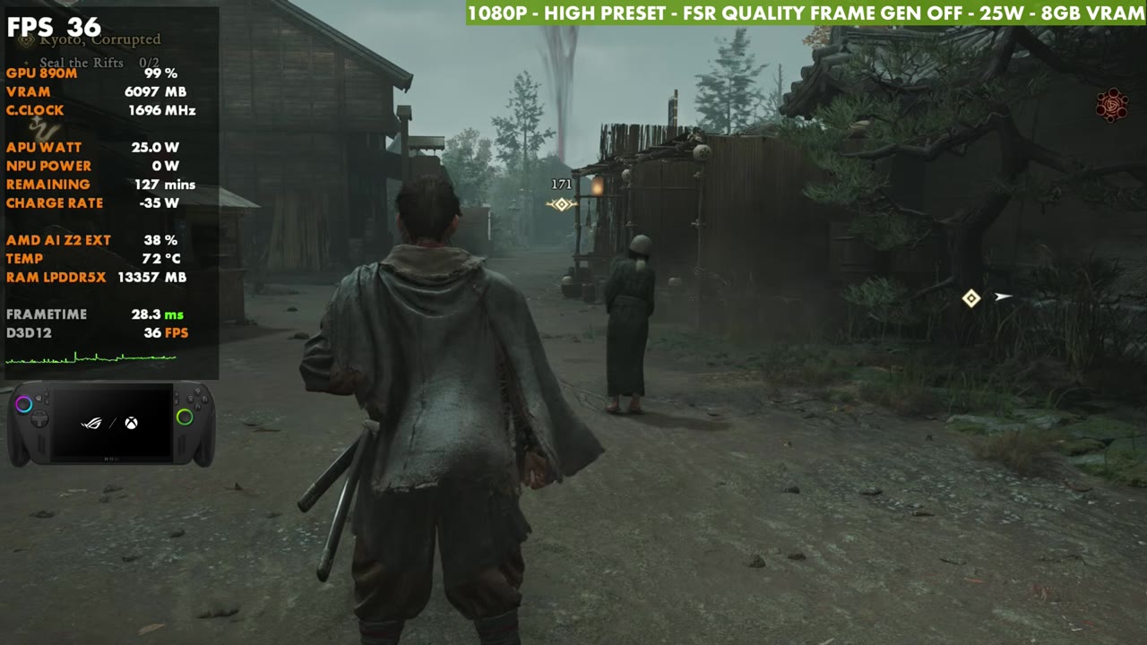 Onimusha: Way of the Sword on ROG Xbox Ally X at 36 FPS, 1080p High preset, FSR Quality, 25W