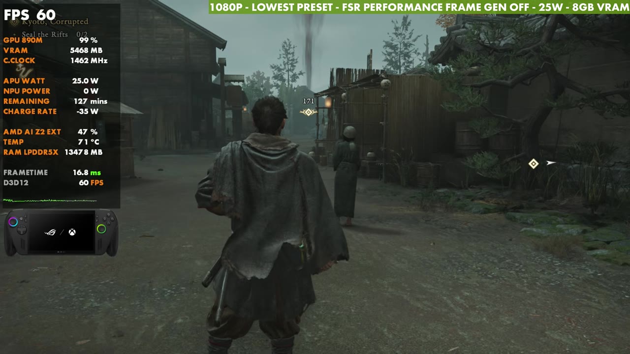 Onimusha: Way of the Sword on ROG Xbox Ally X at 60 FPS, 1080p Lowest preset, FSR Performance, 25W