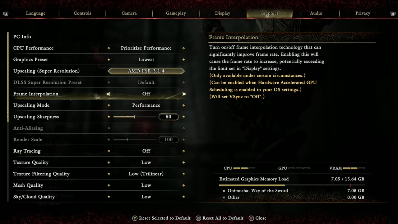 Onimusha: Way of the Sword graphics settings on the ROG Xbox Ally X, Lowest preset with FSR Performance