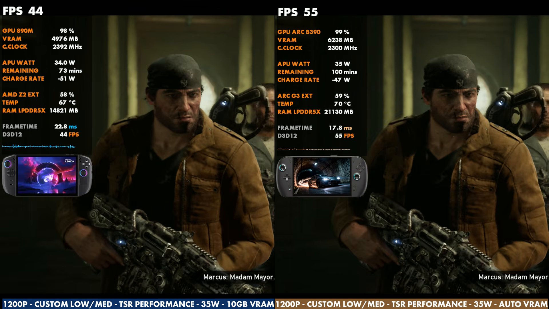 Legion Go 2 at 44 FPS vs OneXPlayer 3 at 55 FPS in Gears E-Day at 35 W