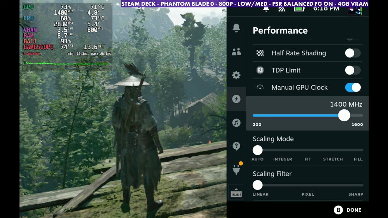Phantom Blade Zero with frame gen on and the manual GPU clock at 1400 MHz, overlay at 74 FPS