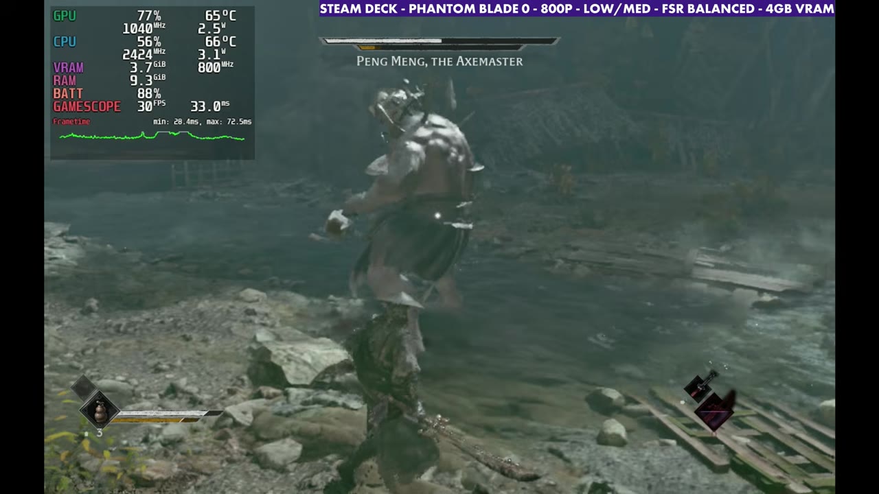 Phantom Blade Zero boss fight against Peng Meng, the Axemaster, overlay at 30 FPS