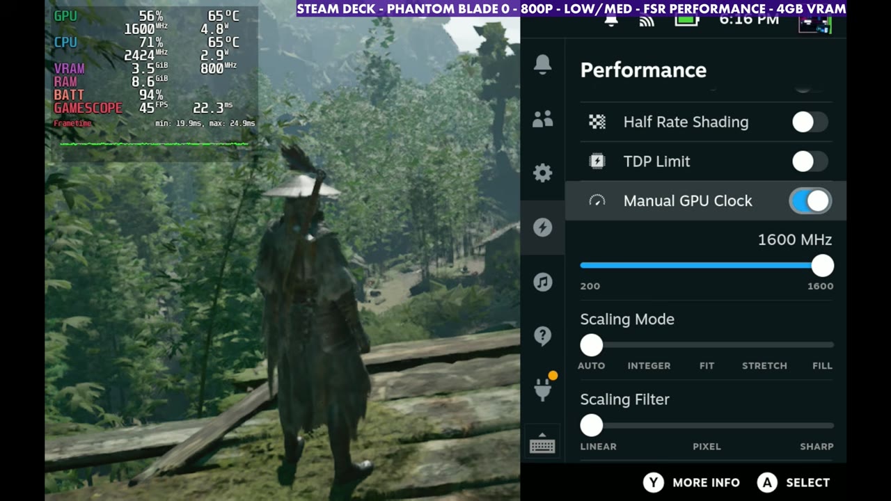 Phantom Blade Zero with FSR Performance and a 1600 MHz manual GPU clock, overlay at 45 FPS