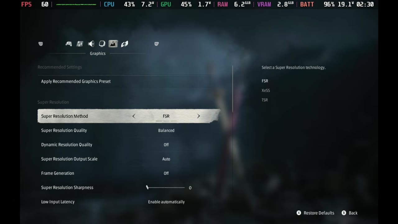 Phantom Blade Zero super resolution settings with FSR Balanced