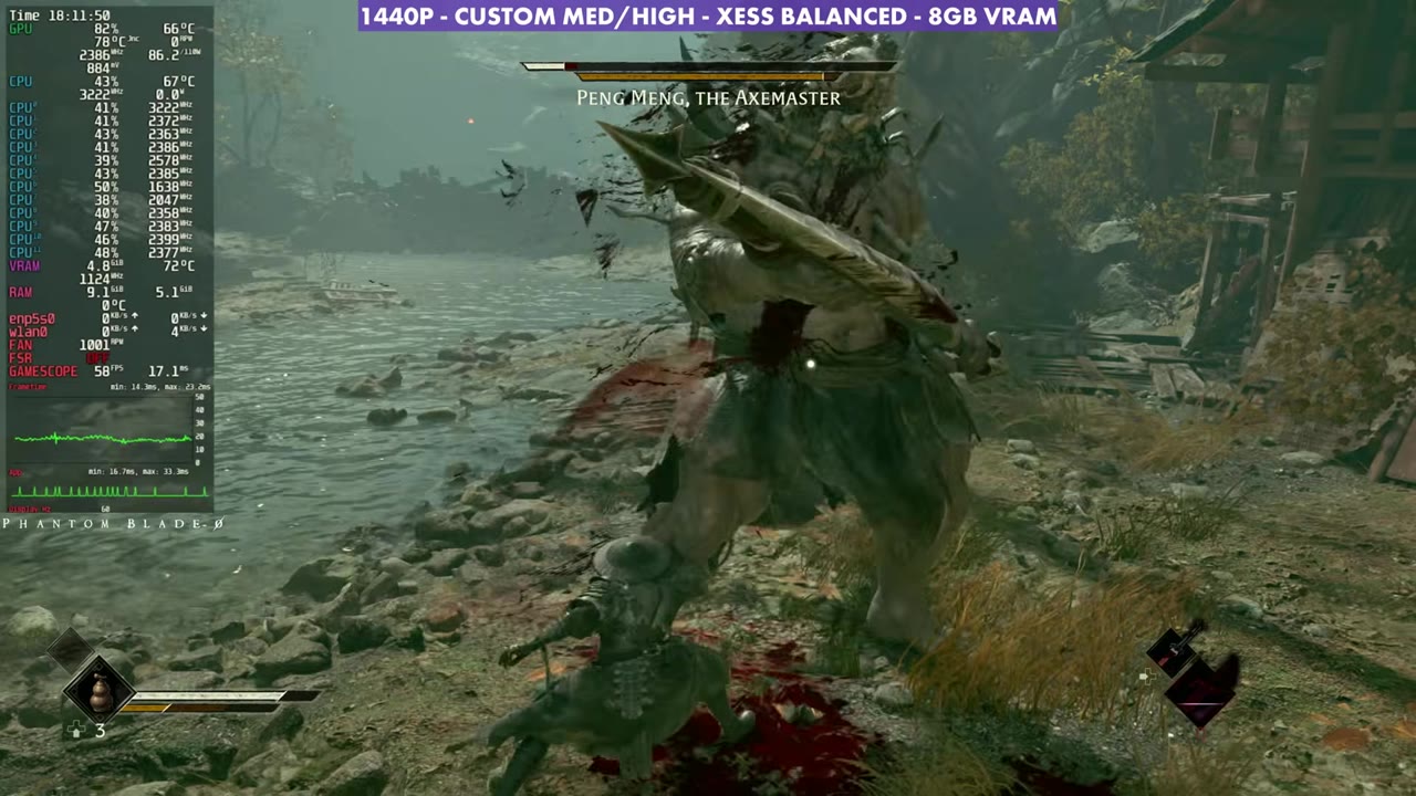 Phantom Blade Zero fight against Peng Meng, the Axemaster on Steam Machine, overlay at 58 FPS