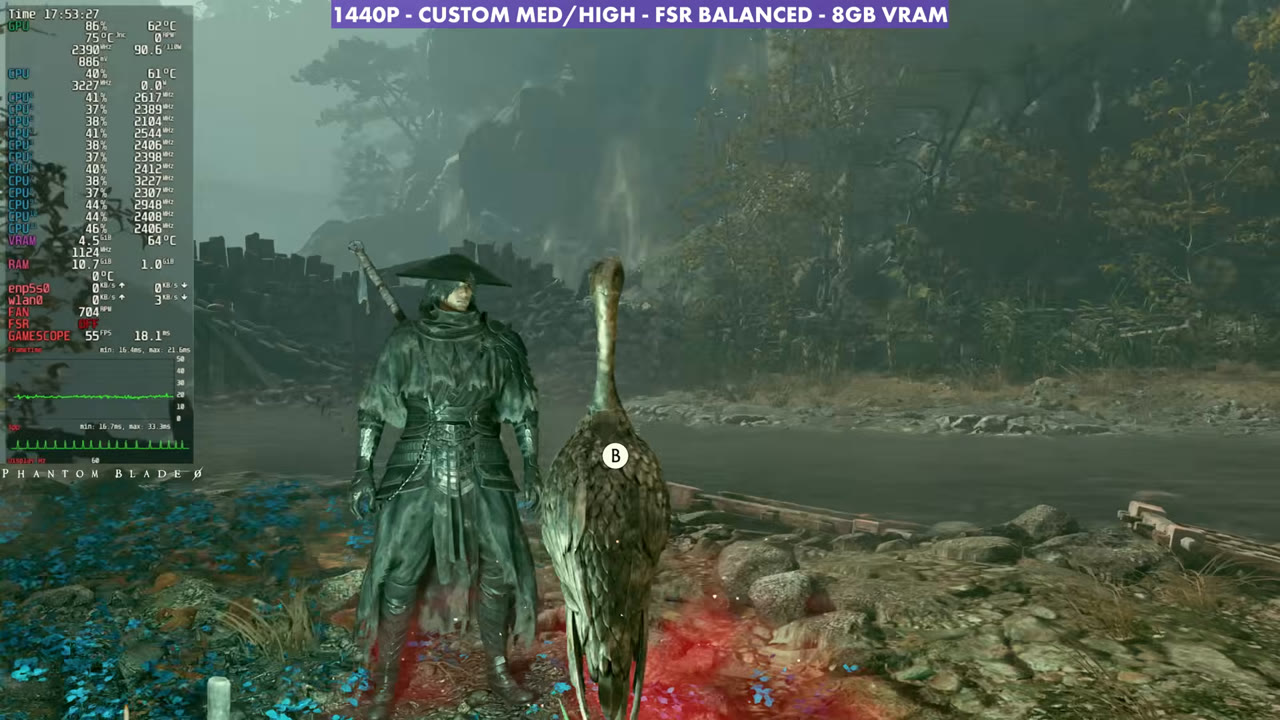 Phantom Blade Zero on Steam Machine with FSR Balanced, overlay at 55 FPS