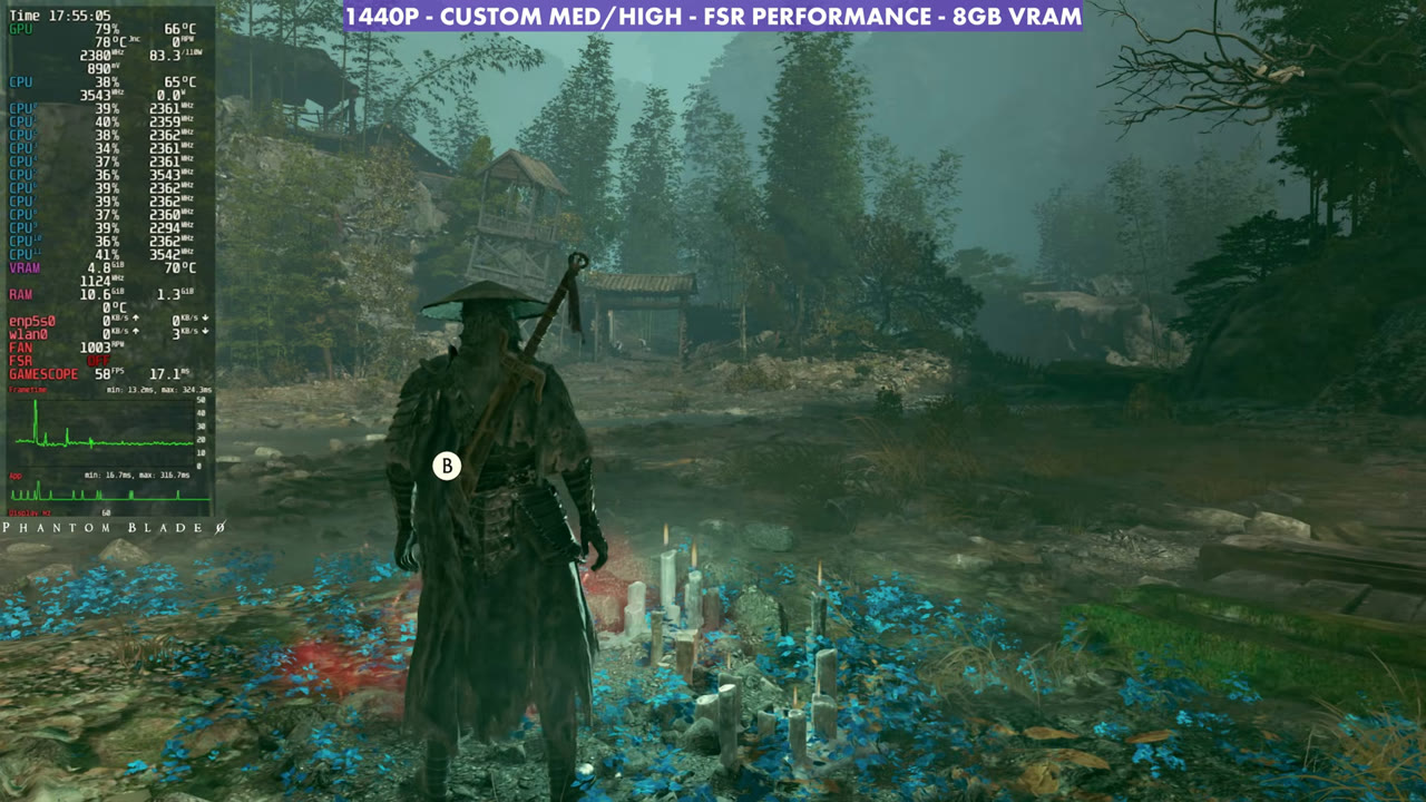 Phantom Blade Zero on Steam Machine with FSR Performance, overlay at 58 FPS