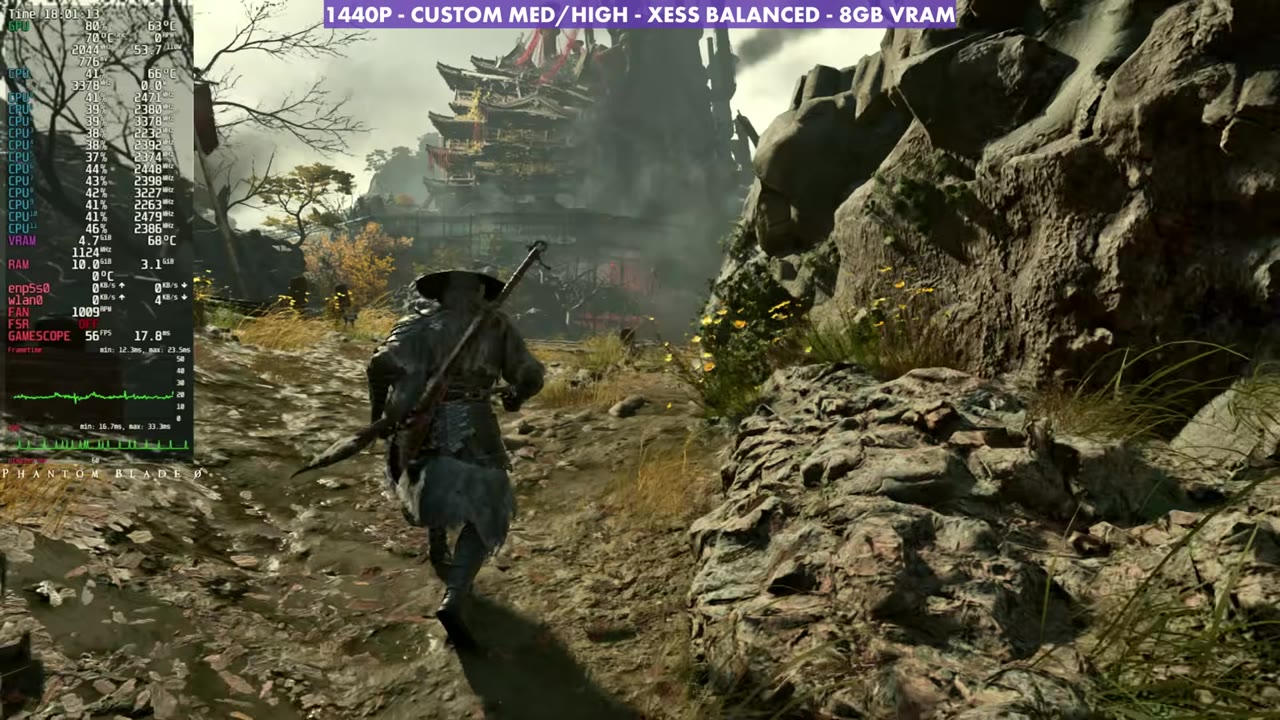 Phantom Blade Zero gameplay on a mountain path on Steam Machine, overlay at 56 FPS