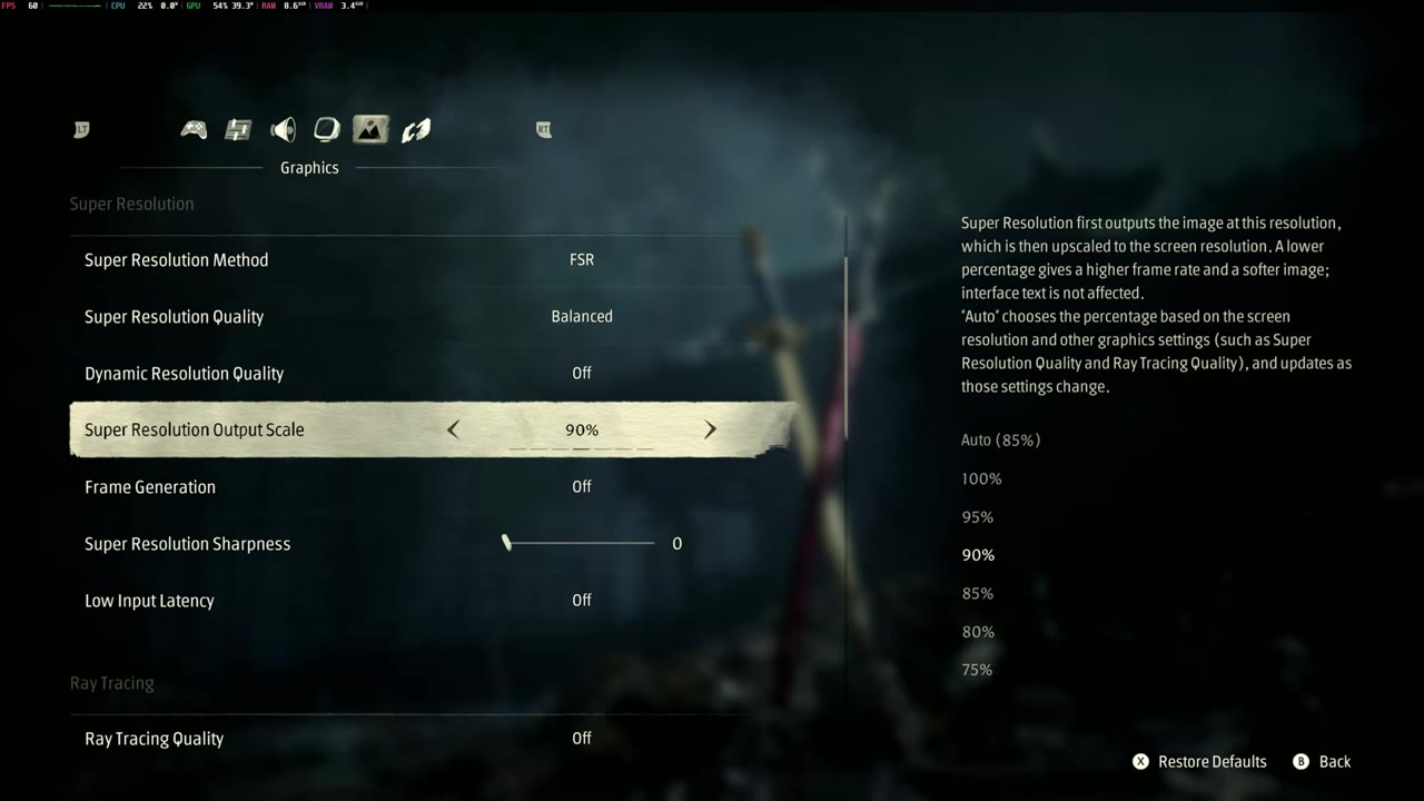 Phantom Blade Zero super resolution settings with FSR Balanced and 90% output scale