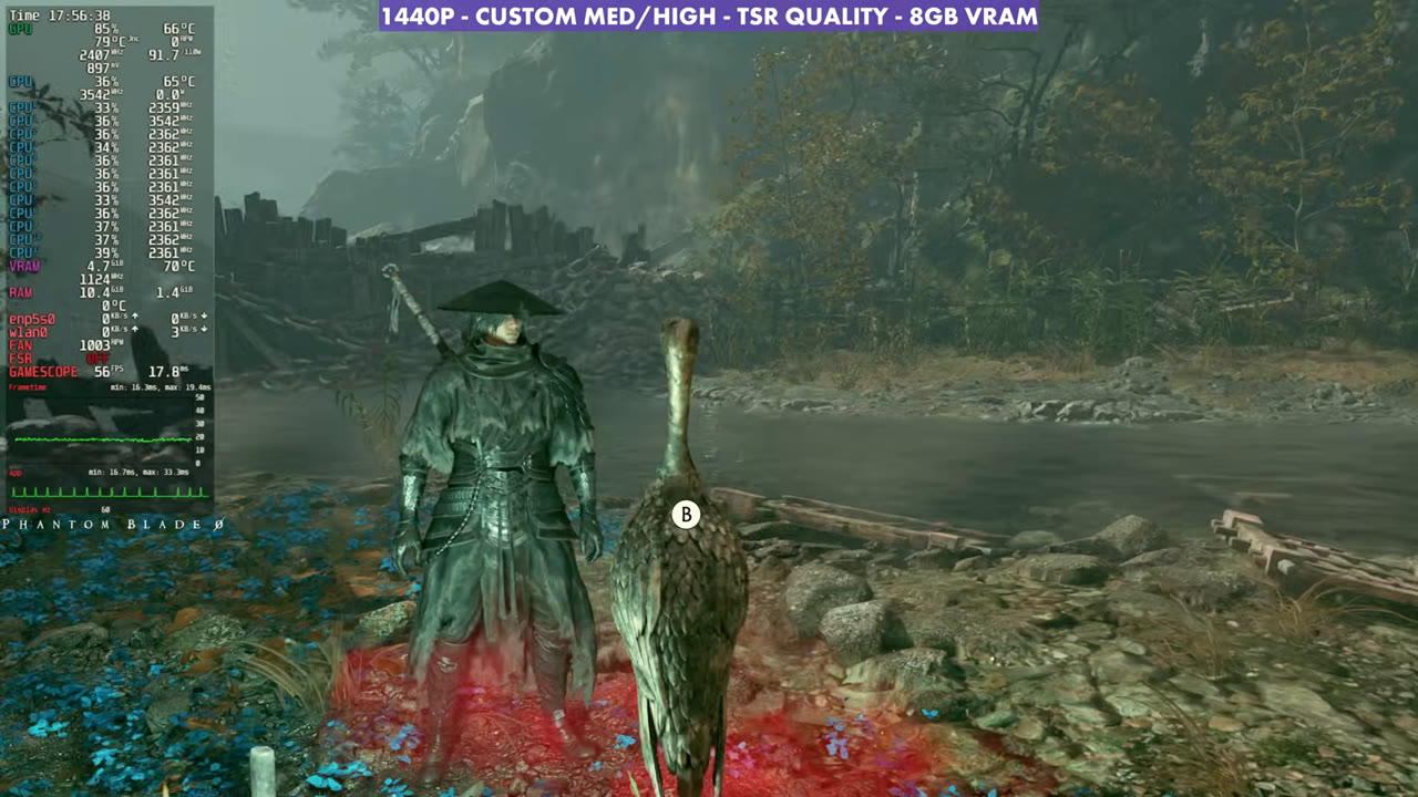 Phantom Blade Zero on Steam Machine with TSR Quality, overlay at 56 FPS