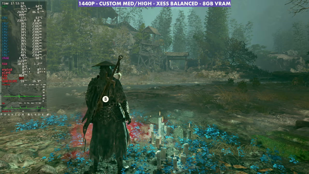 Phantom Blade Zero on Steam Machine with XeSS Balanced, overlay at 59 FPS
