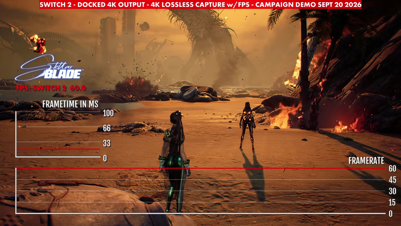 Stellar Blade demo docked on Switch 2 in the desert, overlay reading 60 FPS